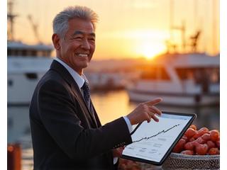 漁業協同組合の代表者が笑顔で網を持つ姿