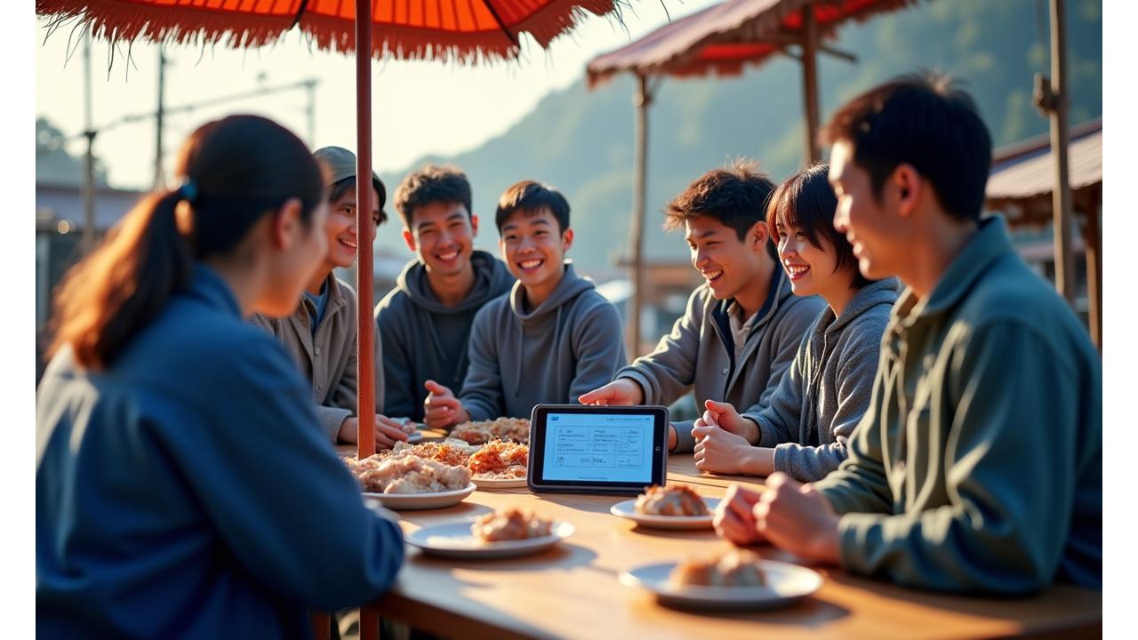 日本の漁港で地域漁業者とコンサルタントが話し合う様子