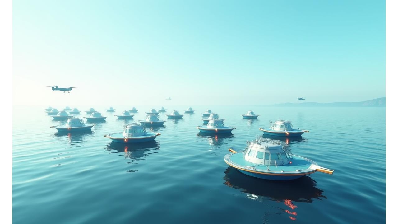 多様な無人自律型海洋観測機器(水上ドローン、水中ロボット、航空ドローン)が連携して海洋を観測している様子。青と緑の色調が基調となり、先端技術と持続可能性を表現。