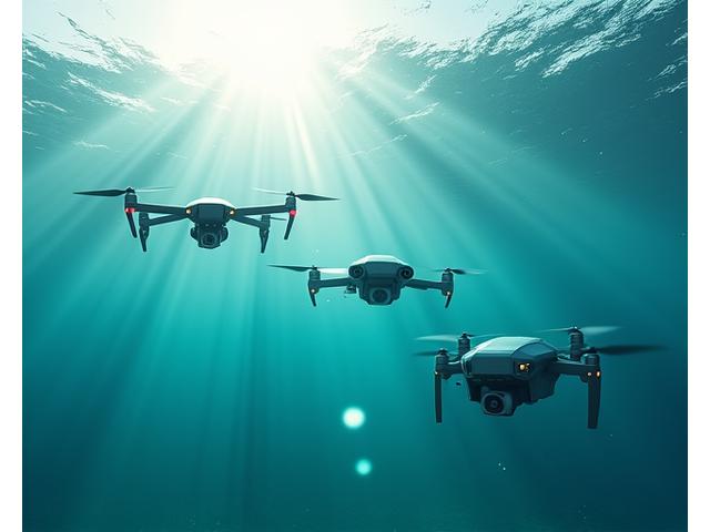 様々な種類のドローン(水上、水中、航空)が海洋上で同期して観測している様子。技術の統合と連携を表現。