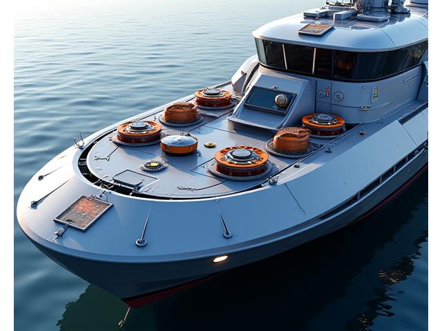 様々な観測機器を搭載できるモジュール式のデッキを持つ無人自律型船舶のクローズアップ。カスタマイズ性を示唆する。