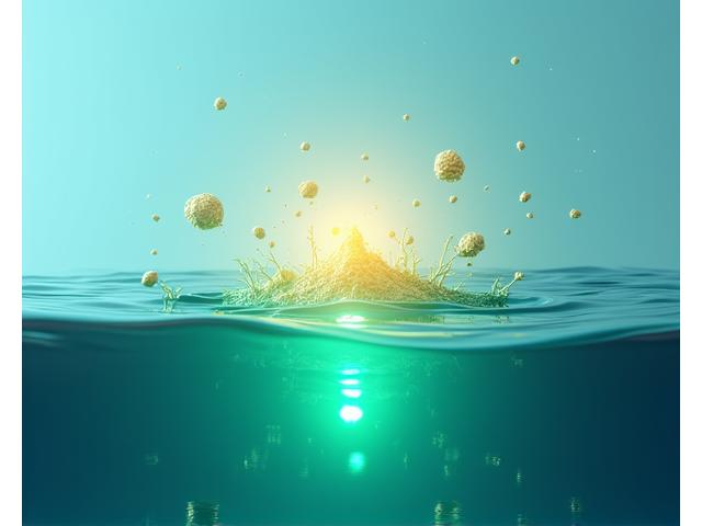 海洋生態系の炭素吸収を示す概念図と、そこから生まれる経済的価値のイメージ。青と緑が調和したグラデーションで、未来志向と環境保全を表現。