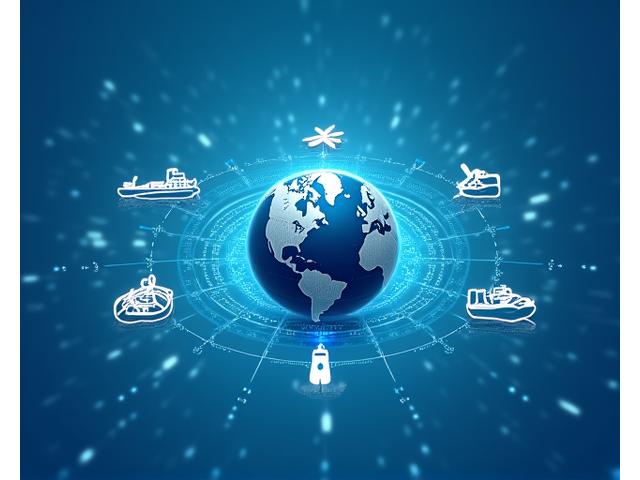 地球儀の周りに衛星、ブイ、船のアイコンが配置され、データストリームが中央に集約される近未来的なコンセプト。データ統合の様子を示す。