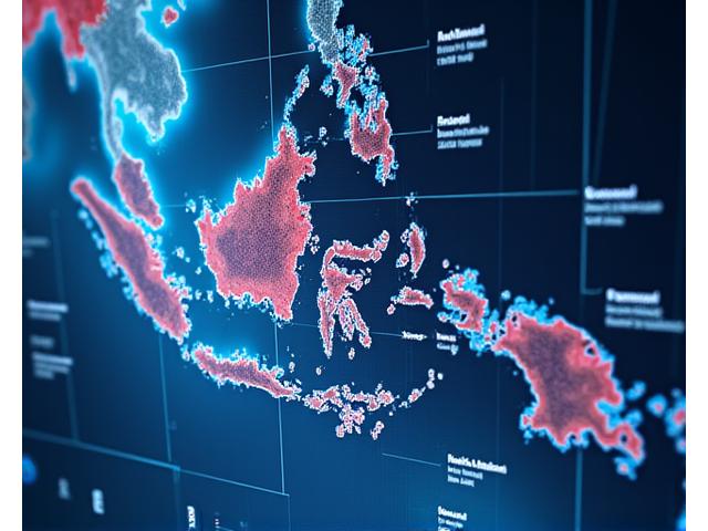 高潮リスクを示す沿岸部のシミュレーションマップ。アラートアイコンが表示され、早期警戒システムを示唆している。
