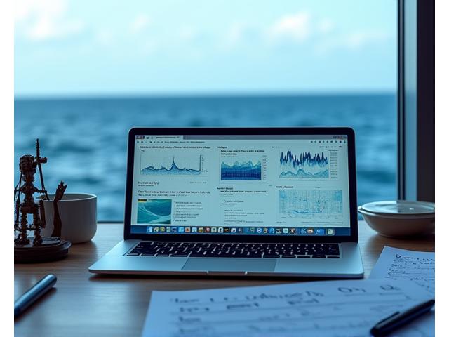 広がる海を背景に、ラップトップでグラフやデータが描かれた学術論文が書かれている様子。研究者や科学者が集中して作業している。