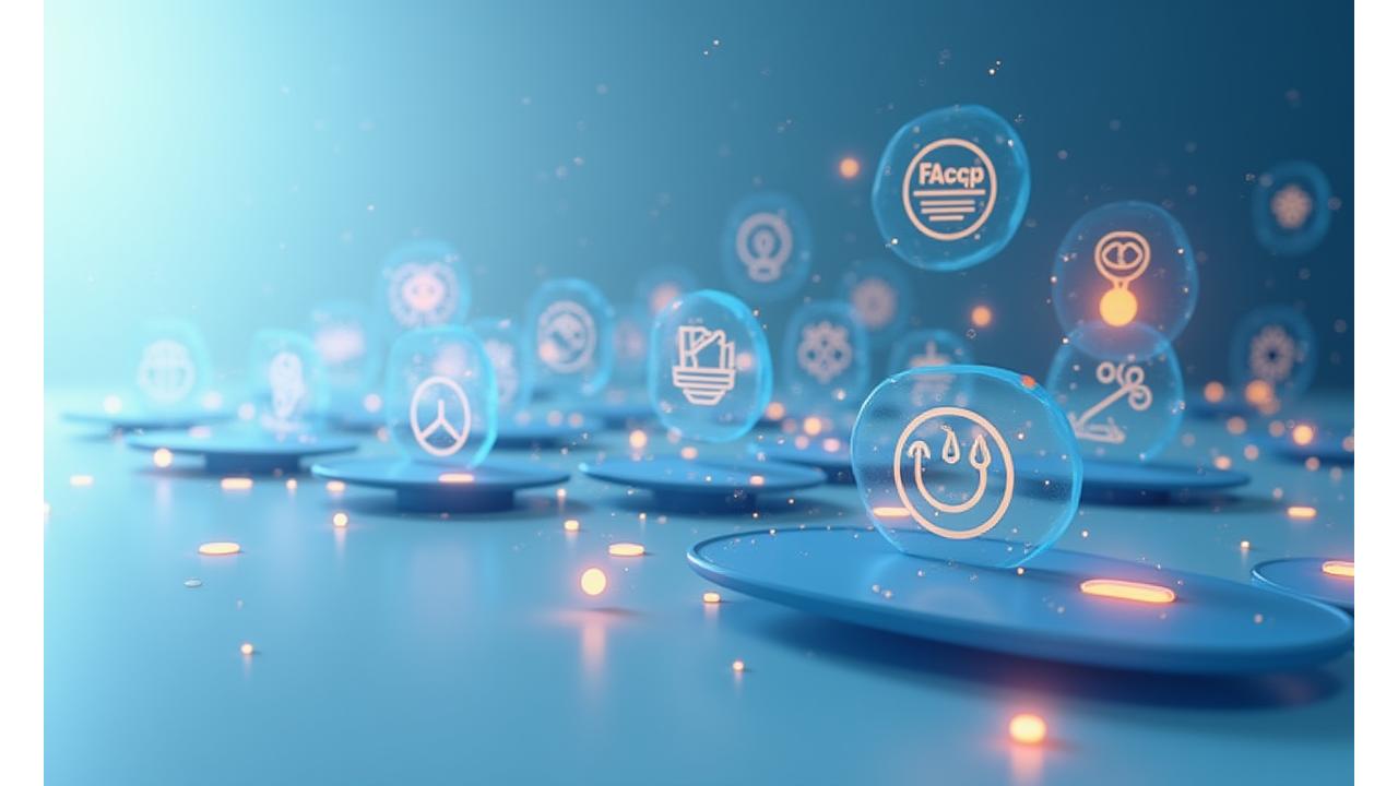 HACCP、ISO、MSC、ASCなどの国際的な食品安全および持続可能性認証マークが並べられ、それらをデジタルなネットワーク線が繋いでいるイラスト。