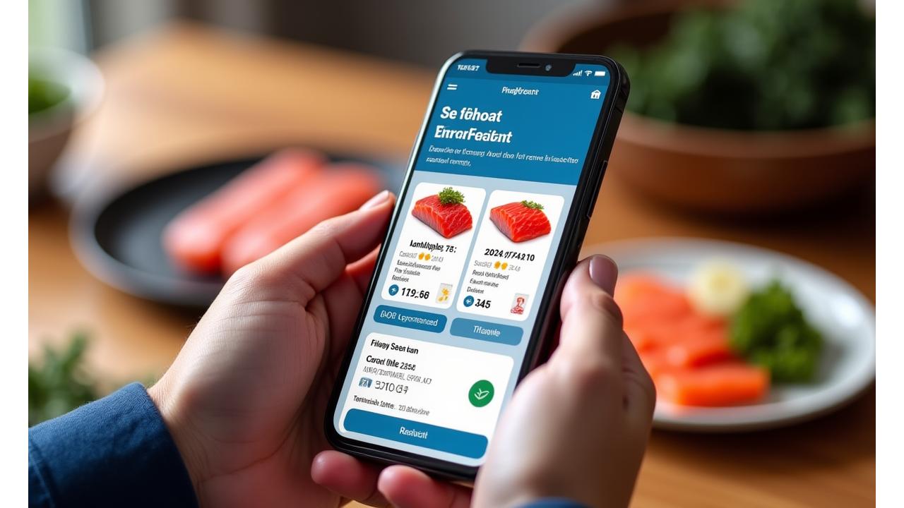 消費者がスマートフォンアプリで水産物の詳細な情報(産地、鮮度、認証マーク)を閲覧している画面。信頼感と透明性を強調するデザイン。