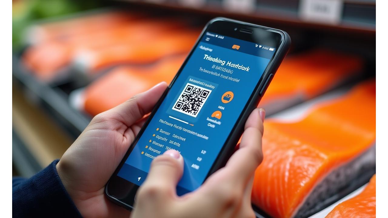 消費者がスマートフォンでQRコードをスキャンし、水産物のトレーサビリティ情報を確認する様子。画面には漁獲日、漁場、輸送履歴、加工情報が表示されている。