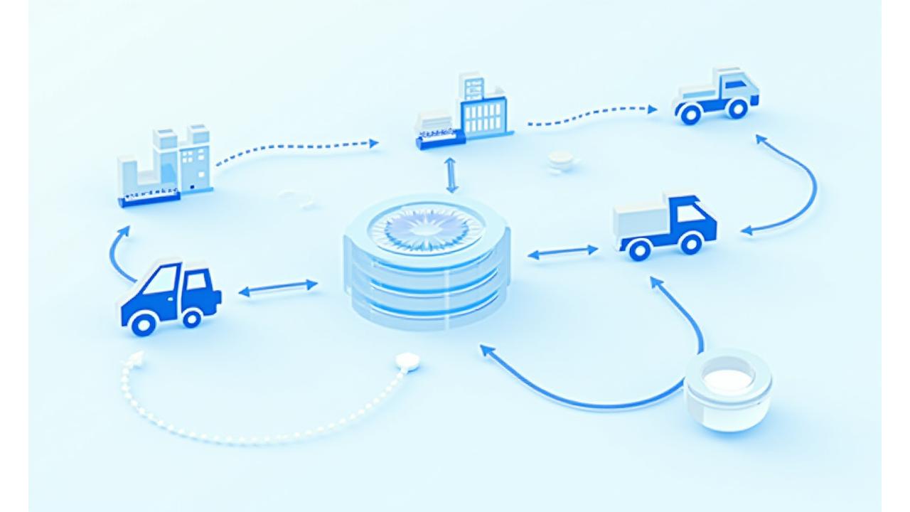 水産物のサプライチェーンの各段階(漁獲、加工、流通、販売)をブロックで表現し、各ブロックが矢印で接続され、ブロックチェーンのシンボルが全体を覆うように配置されたインフォグラフィック。